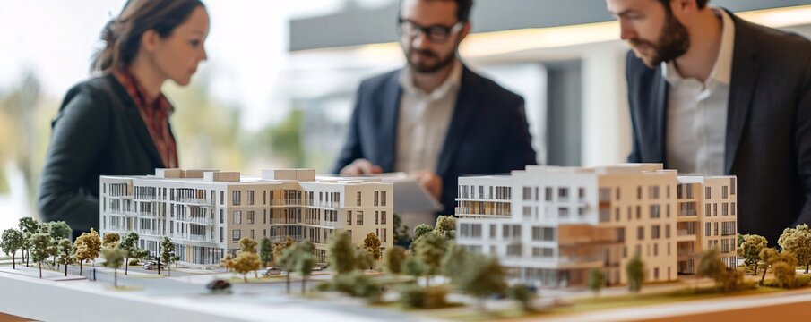 Architects and engineer analyzing model of residential area development project