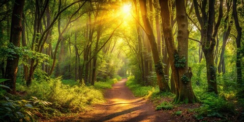 Obraz premium A serene forest path winding through dense foliage with sunlight filtering through the canopy above and illuminating the forest floor in a warm, golden light, nature, forest floor