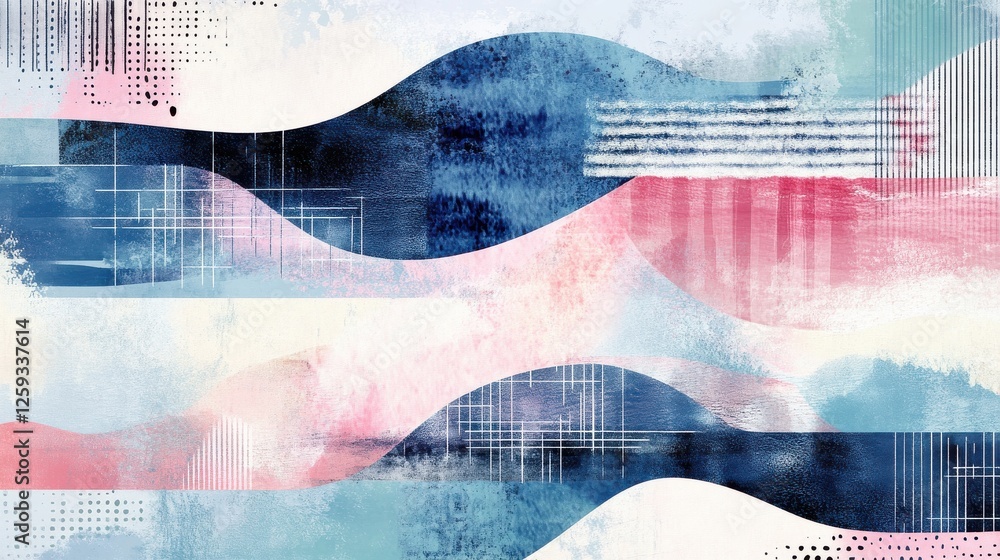 Poster abstract waves in blue and pink tones with textured patterns
