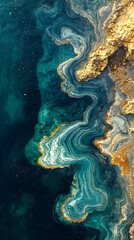Fototapeta premium HD Phone Wallpaper Abstract Aerial Ocean Swirl Teal Gold and White Marble Texture Background