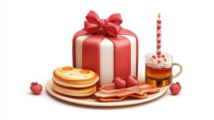 A classic American breakfast, pancakes, bacon, scrambled eggs, syrup, 3D illustration, realistic, isolated on white background.
