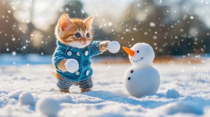 Adorable Kitten Plays with Snowman in Winter Snow