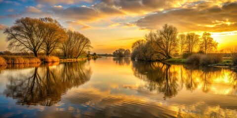 Golden light on calm water, reflecting trees and sky at dusk by River Yare , sunset glow
