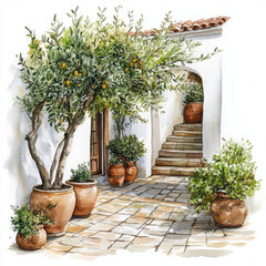 Fototapeta premium Illustration evokes tranquility with citrus trees near staircase