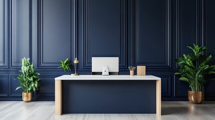 A professional workspace with navy blue paneling, a white desk, and wooden accessories.