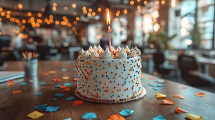 Colorful birthday cake with a candle surrounded by festive confetti in a lively restaurant setting