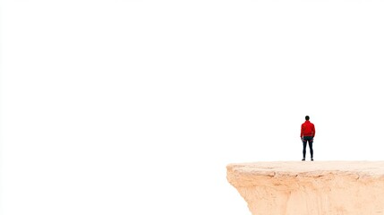 A lone figure in a red jacket stands on a cliff edge overlooking a vast white landscape