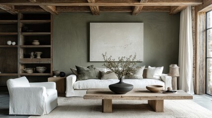 A rustic farmhouse living room with muted green walls, exposed wooden beams, and cozy seating.