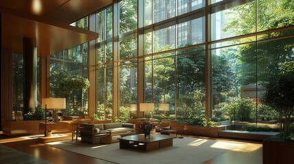 Fototapeta premium A sleek and elegant living room with muted green walls, contemporary wooden furniture, and indoor plants.