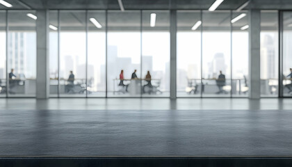 Fototapeta premium Sleek modern office interior with blurred background of people working, showcasing a clean empty surface perfect for product placement or design mockups.