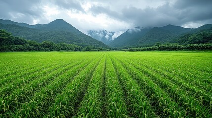 Lush green rice field stretching towards misty mountains under a cloudy sky, serene nature scene