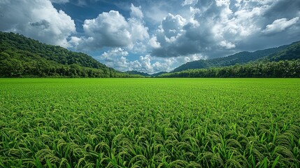 Lush green rice field under a dramatic sky with clouds and mountains in the background