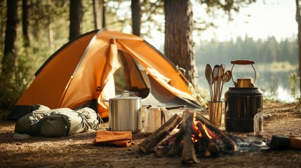 Neatly arranged camping tools in a forest clearing, emphasizing simplicity and adventure. Ideal for camping and outdoor content.