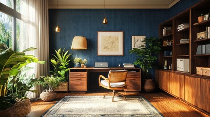Fototapeta premium A sophisticated home office with an indigo feature wall, wooden cabinets, and decorative plants.