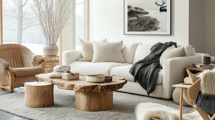 Scandinavian-style living room with light wood accents and cozy textures
