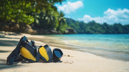 Minimalist diving fins and mask setup on a clean sandy beach, emphasizing adventure and readiness for diving. Ideal for sports and adventure content.
