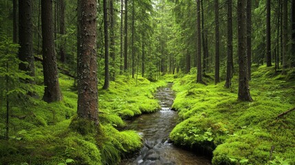 Obraz premium Tranquil Forest Scene with Lush Greenery and Gentle Stream Flowing Through Peaceful Woodland Environment