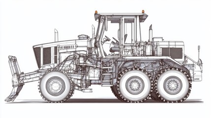 Naklejka premium Detailed Technical Illustration of a Heavy-Duty Grader Vehicle