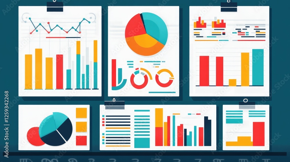 Poster a business strategy whiteboard with colorful sticky notes, flowcharts, and key performance indicator