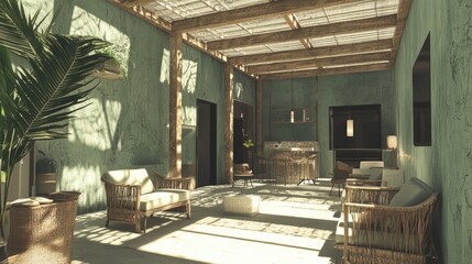 Obraz premium A stylish loft-style living room with muted green walls, exposed wood textures, and modern furniture.