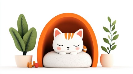 Cute Cartoon Cat Sleeping in Colorful Cozy Shelter with Plants