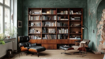 A stylish urban apartment with muted green walls, industrial-style wooden furniture, and cozy accents.