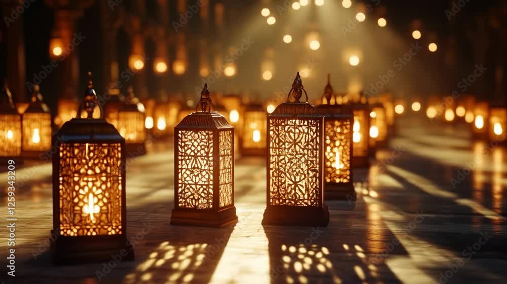 Poster a beautiful display of ornate lanterns glowing in an enchanting atmosphere, casting shadows in an ex