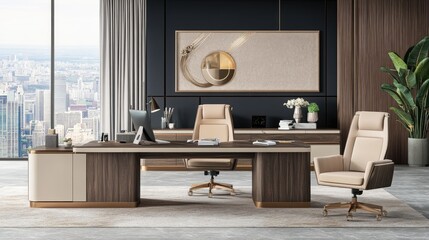 A stylish work environment with deep indigo walls, light wood furniture, and modern office decor.