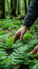 Person gently touching lush green ferns in a vibrant forest with pink flowers blooming nearby