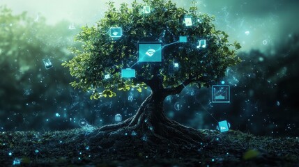 A digital tree with branches extending into various devices, representing the internetâ€™s reach into daily life.