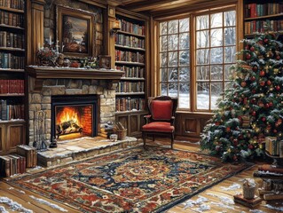 Naklejka premium Cozy Winter Fireplace Scene: Festive Christmas Tree Decorates Room with Bookshelves, Warm Fire.