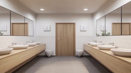 A corporate office featuring gender-neutral restrooms and inclusive signage. Copy space.