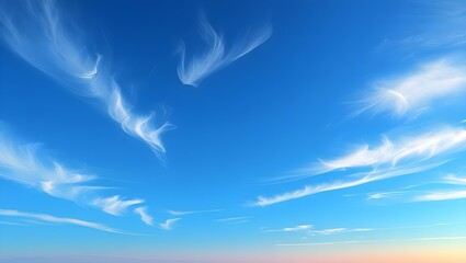 A serene and vibrant blue sky with a few wispy white clouds scattered across it, set against a subtle gradient of light blue towards the horizon, evoking a sense of calmness and tranquility, with a sl