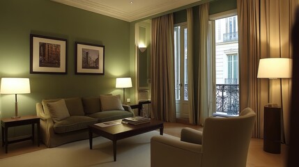 A well-balanced living space with muted green walls, sleek wooden furniture, and soft neutral tones.