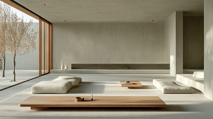 Fototapeta premium A well-balanced living space with muted green walls, sleek wooden furniture, and soft neutral tones.