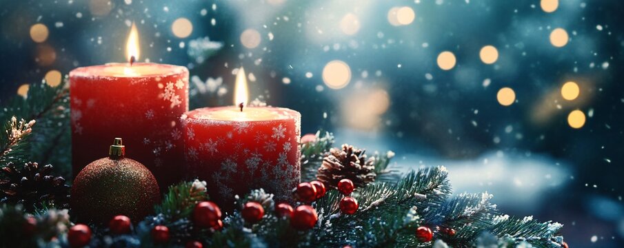 Red christmas candles burning during a snowfall