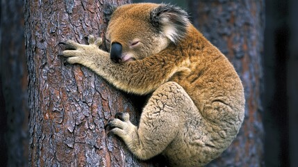 A sleeping koala clinging to a eucalyptus tree in a serene forest setting, surrounded by nature
