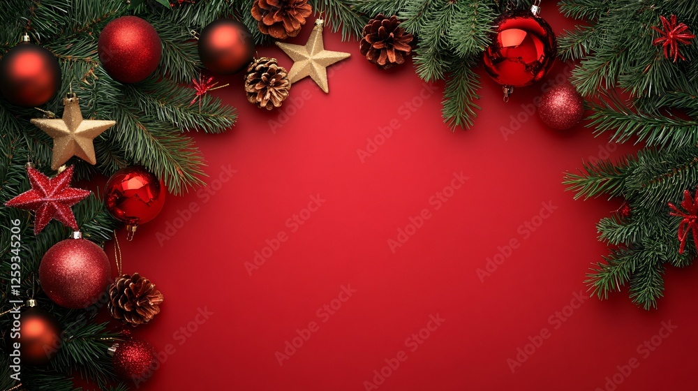 Poster christmas ornaments and pine branches creating a festive border on red background