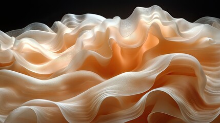 Soft, flowing fabric waves in warm tones create an abstract texture against a dark background