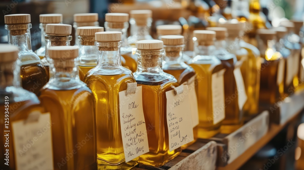 Poster a display of small-batch olive oil bottles with handwritten labels and rustic packaging. copy space.