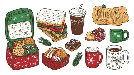 A festive holiday lunchbox, Christmas-themed sandwiches, cookies, hot cocoa, warm cozy colors, hand-drawn style, isolated on white background. 