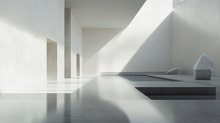 Fototapeta premium Serene interior with diffused light, minimalist design and stone sculptures