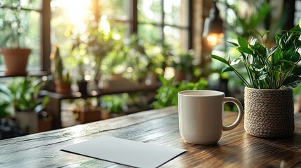 A serene indoor scene featuring a coffee cup and a potted plant on a wooden table with sunlight
