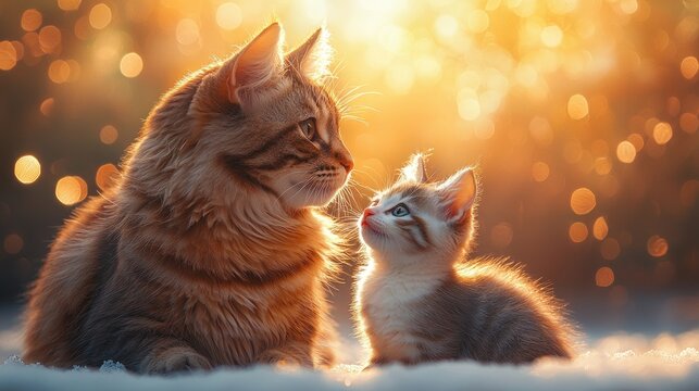 A serene moment between a mother cat and her playful kitten in a sunlit, dreamy background