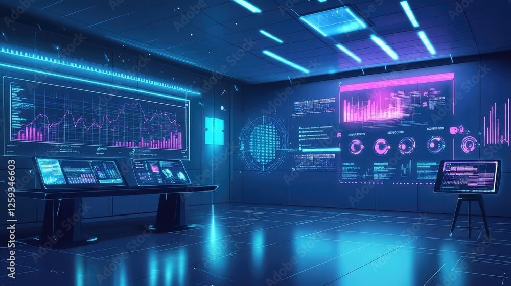 Poster a futuristic collaborative workspace with an augmented reality touchscreen, interactive graphs, and 