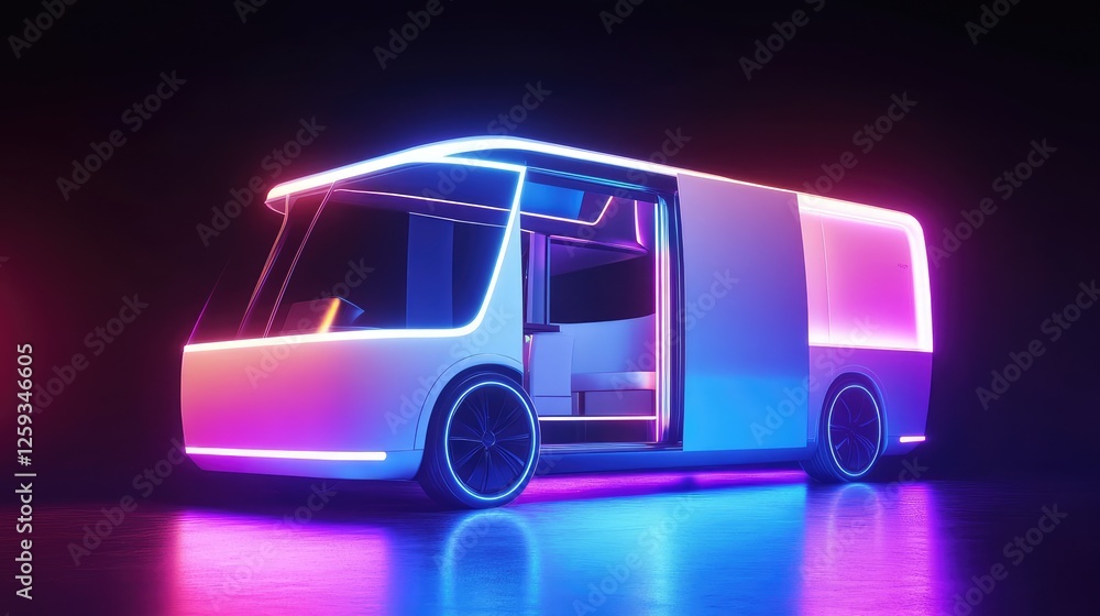Poster a futuristic concept of a fully automated mobile business hub inside a self-driving van. copy space.