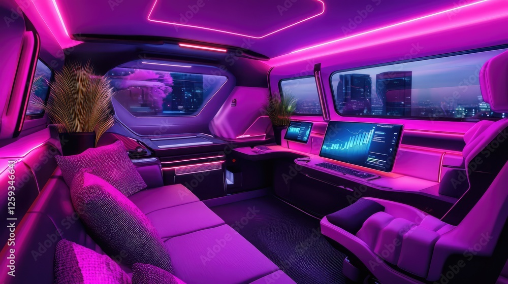 Poster a futuristic concept of a fully automated mobile business hub inside a self-driving van. copy space.