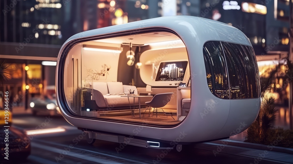 Poster a futuristic concept of a fully automated mobile business hub inside a self-driving van. copy space.