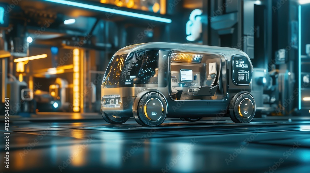 Poster a futuristic concept of a fully automated mobile business hub inside a self-driving van. copy space.
