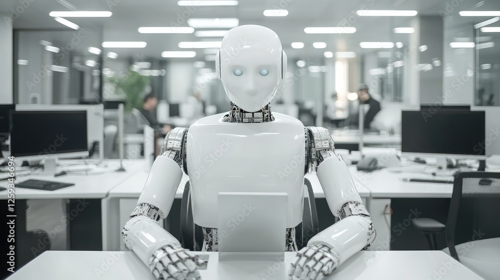 Poster a futuristic digital workspace with automated systems, artificial intelligence, and innovative tech 